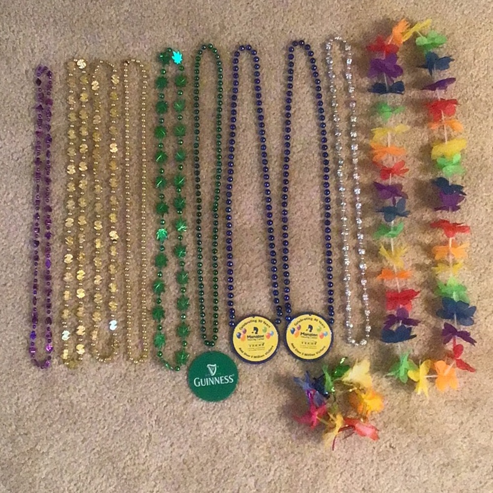 Mardi Gras Style Beads plus Floral Lei and Bracelet, 10 Pieces